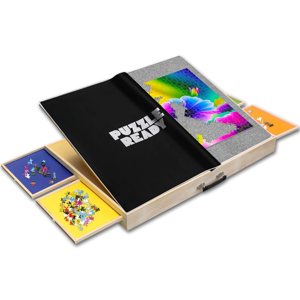 Tilting puzzle board with drawers and cover mat, adjustable wooden jigsaw puzzle table, portable design, pet and child proof, Puzzle Ready board for 1000 and 1500 piece puzzles, plateau puzzle inclinable en bois avec housse de protection