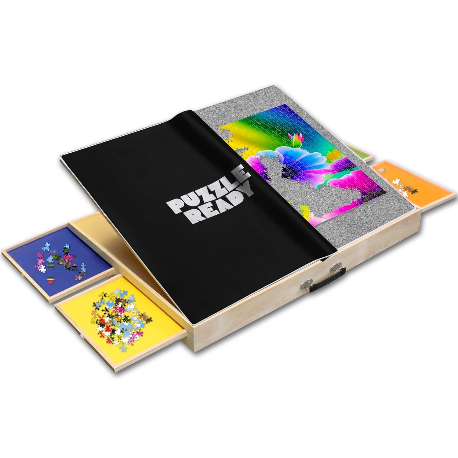 Tilting puzzle board with drawers and cover mat, adjustable wooden jigsaw puzzle table, portable design, pet and child proof, Puzzle Ready board for 1000 and 1500 piece puzzles, plateau puzzle inclinable en bois avec housse de protection